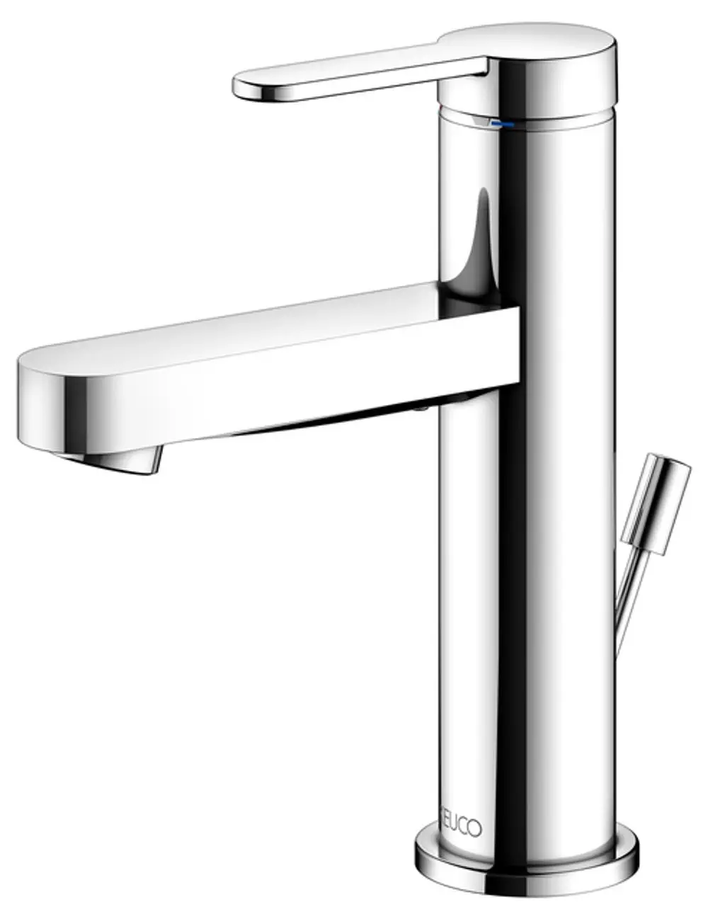 Keuco-Waschtisch-Mischer mit flachem Auslauf und zentralem Bedienhebel. Verchromte Oberfläche, seitlicher Zugablauf. Modernes Design, geeignet für verschiedene Waschbecken.